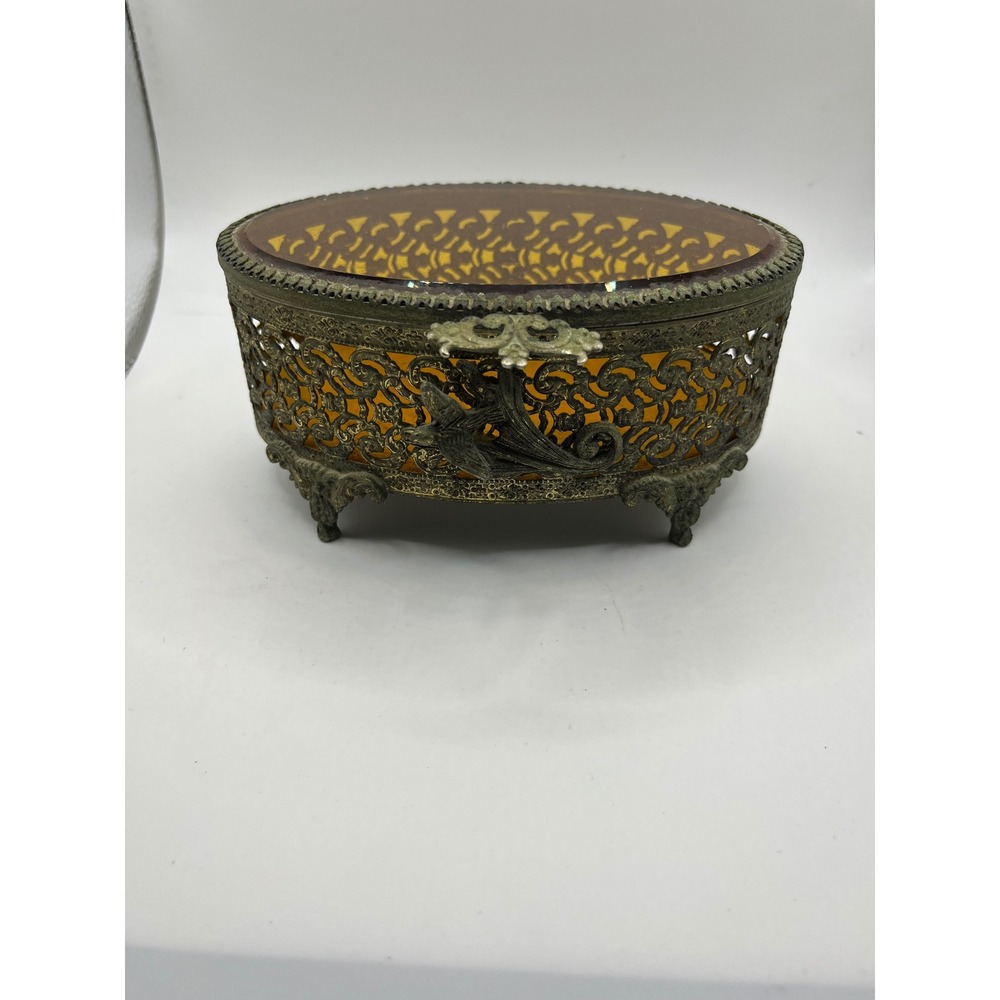 Vintage Amber Glass Jewelry Trinket Box Ornate Brass‎ Jewelry Casket Footed